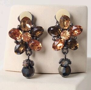 Vintage Topaz Amber Color Rhinestone Flower Dangle Clip On Earrings Multi Tone